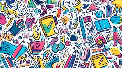 Fototapeta premium Colorful Abstract Doodle Art Featuring School Supplies and Geometric Shapes