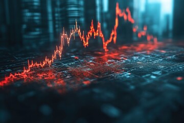 Intricate digital stock market chart reflecting upward trends against a futuristic city backdrop