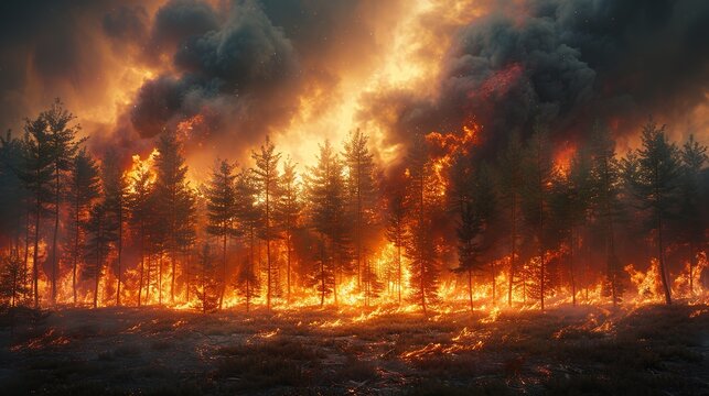 High-resolution realistic photography: A forest fire raging out of control, demonstrating the devastating effects of wildfires exacerbated by climate change