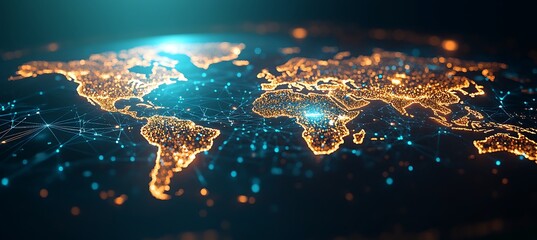 A futuristic image of a digital map with glowing nodes representing business locations around the world.