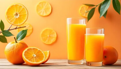 A collection of bright orange fruits arranged artfully beside a glass of freshly squeezed juice