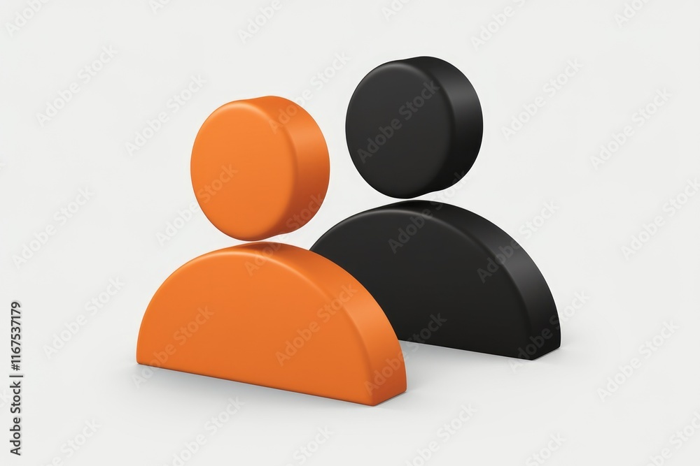 Poster 3d render of two user icons, one orange and one black, symbolizing teamwork or collaboration.