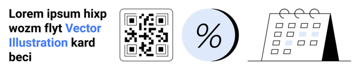 Text block, QR code, blue percentage symbol inside a circle, and an abstract calendar. Ideal for websites, presentations, educational materials, marketing, planning, data management, and business