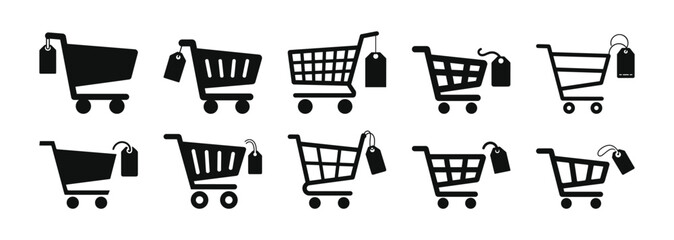 Minimalistic E-commerce Shopping Cart Icon Set with Price Tag 