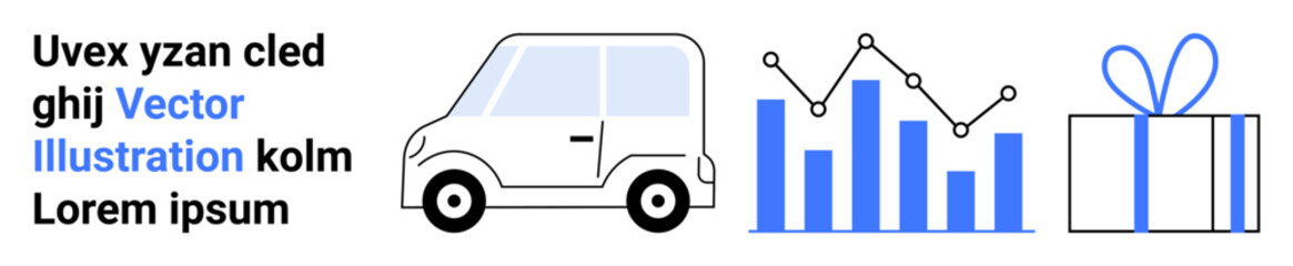 Car icon, bar graph with connecting points, and gift box. Ideal for delivery services, logistics, e-commerce, business growth, analytics gift services and presentations. Landing page