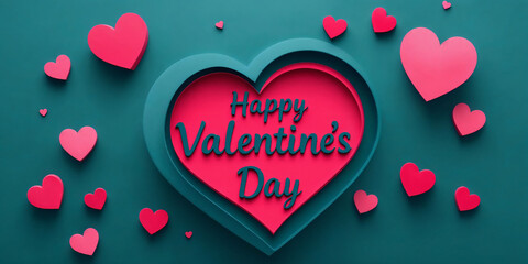 Pink and red layered heart shapes arranged beautifully on a teal background celebrating Valentine's.