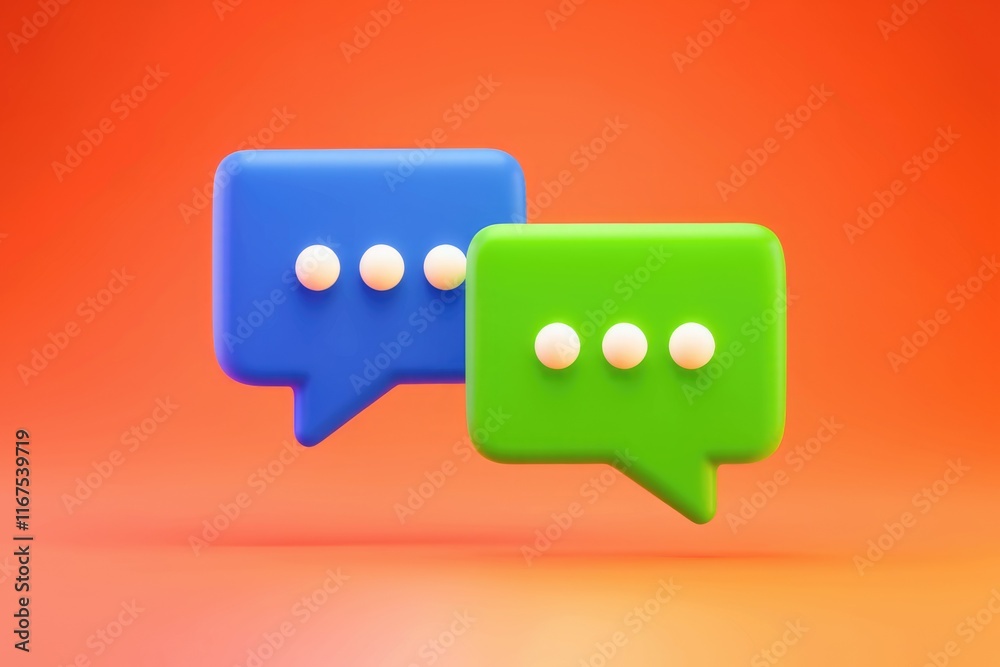 Poster 3D rendered image of two colorful speech bubbles symbolizing communication and dialogue.