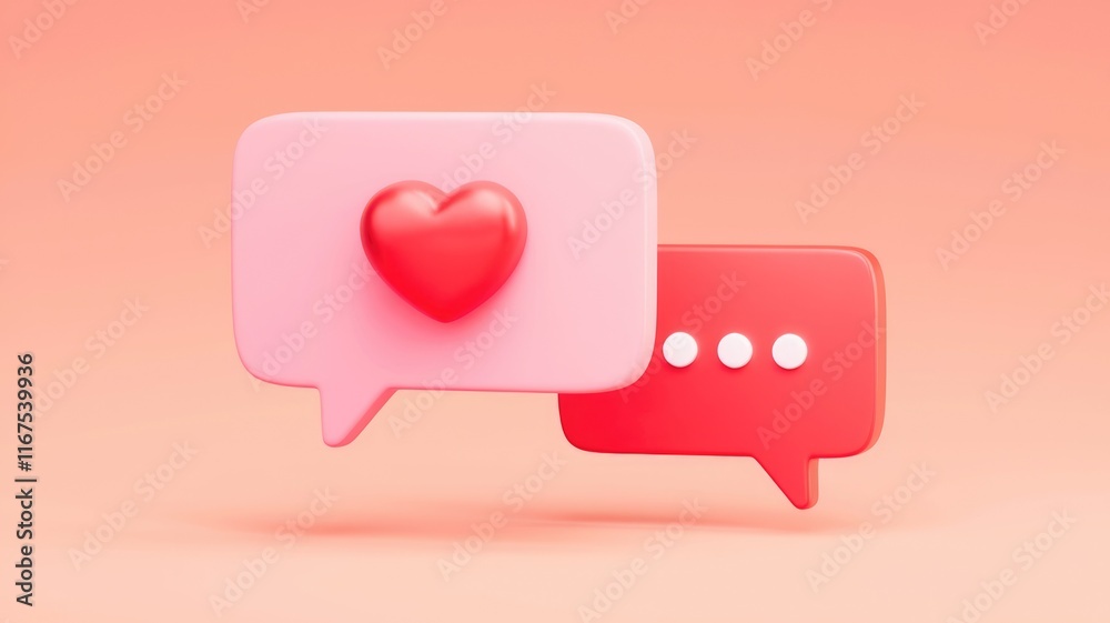Poster 3d rendering of pink and red speech bubbles with a heart, symbolizing love and online communication.