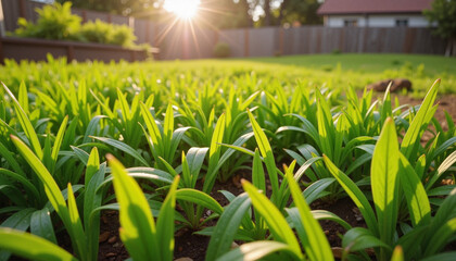 Fototapeta premium Vibrant lawn grass growing in urban backyard at sunset, natural beauty