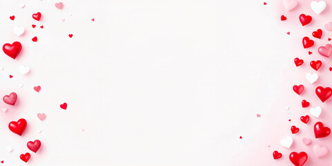 Valentines themed background featuring scattered red and white hearts on a soft pink surface, evoking love and romance.