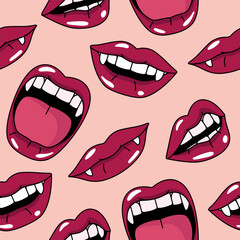 Vampire lips, mouth, teeth seamless pattern, background. Cartoon style simple vector illustrations