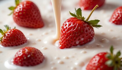 strawberry falling into milk