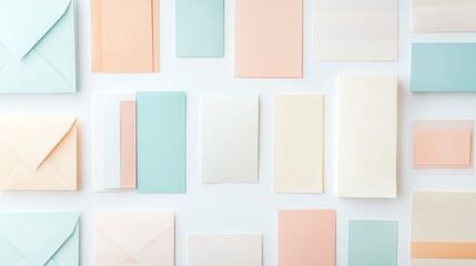 A flat lay of vintage stationery sets with pastel colors on a white background.--ar 16:9