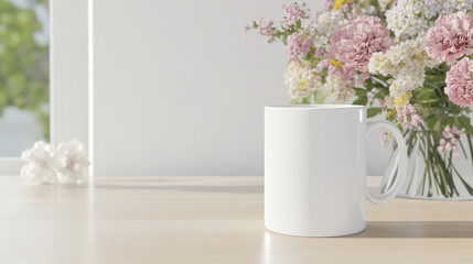 Fototapeta premium A blank white mug sits on a light wood table next to a bouquet of pink and white flowers. Perfect for your design mockups!