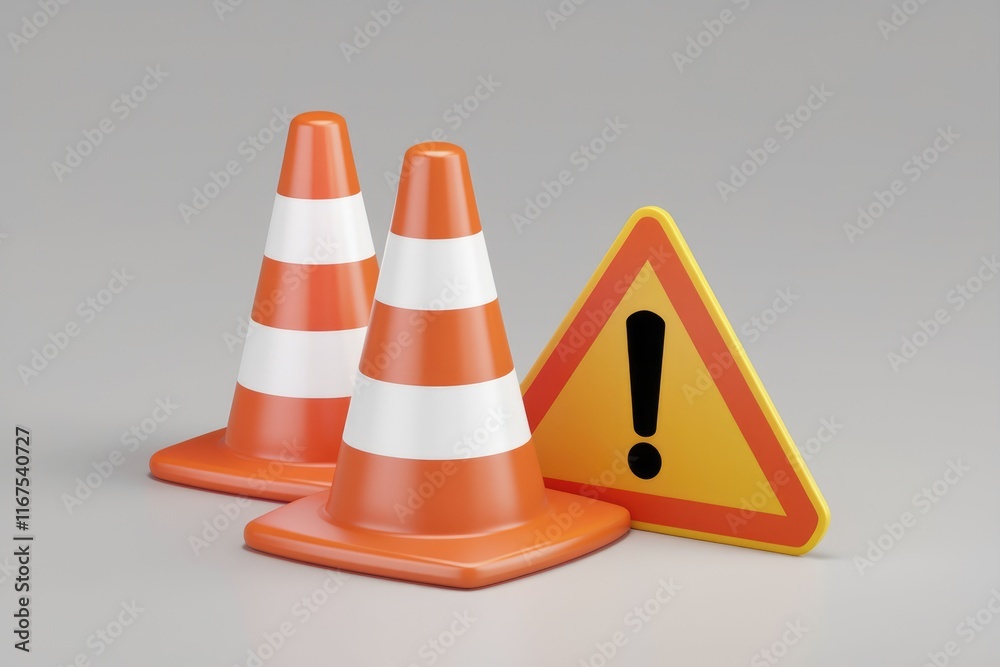 Poster two traffic cones and a warning sign indicate caution and potential hazards.