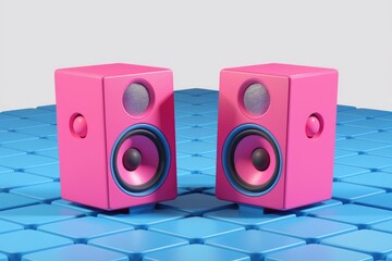 Two pink stereo speakers on a blue tiled surface. A vibrant, modern audio setup.