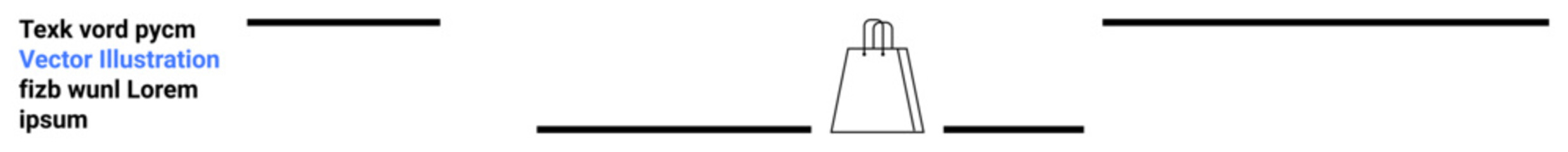 Minimalist shopping bag icon centered between horizontal lines, with dummy text on the left. Ideal for e-commerce, retail, shopping, online store, sale, marketing and web design themes. Landing page