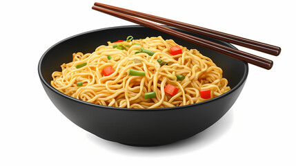 Delicious noodles served in a black bowl with chopsticks, isolated on white background. Ashenwood. Illustration