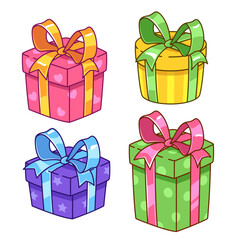Gift boxes with bows, cute cartoon kawaii illustrations, drawings