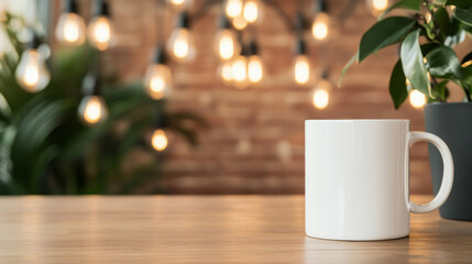 White mug on wooden table, cozy ambiance with warm lights and plants.
