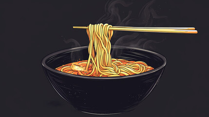 Delicious steaming noodles being lifted with chopsticks from a dark bowl, showcasing vibrant pasta and culinary artistry. Ashenwood. Illustration