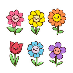 Cute simple kawaii smiling flowers characters, set of kids vector cartoon style illustrations
