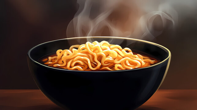 Delicious steaming noodles served in a black bowl, ideal for showcasing culinary delights and dining experiences. Ashenwood. Illustration