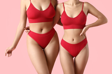 Beautiful young women in sexy red underwear on pink background, closeup