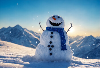 Obraz premium Funny snowman in winter mountain scenery. Merry christmas and happy new year.