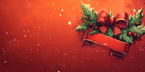 Christmas Holly and Berries on Red Background
