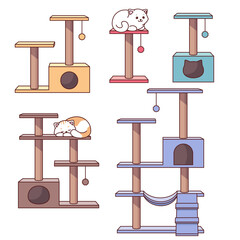 Cat trees, cat houses, set of cute comic, cartoon vector illustrations