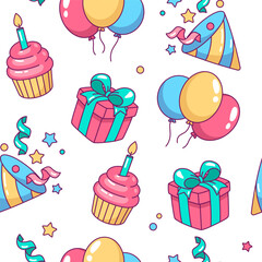 Birthday party accessories, objects seamless pattern, background. Comic cartoon style kawaii illustrations, drawings