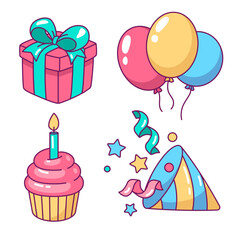 Birthday party accessories, objects. Set of comic cartoon style kawaii illustrations, drawings