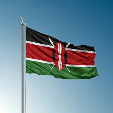 national flag of kenya waving against blue sky, flag of the nation, blowing in the wind