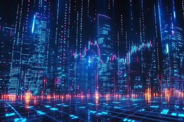 Fototapeta premium Vibrant Digital City Night Scene with Glowing Buildings