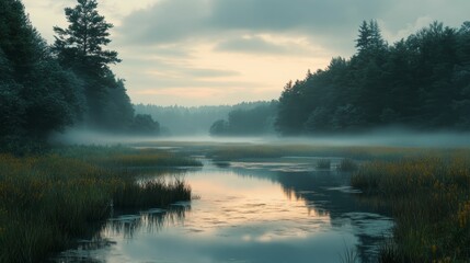 Fototapeta premium Misty dawn, tranquil river, forested banks, yellow blooms.
