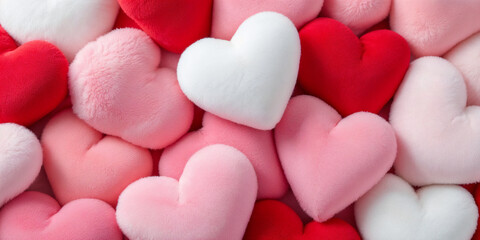 Fototapeta premium Featuring an array of soft, plush hearts in pink, red, and white hues, this image radiates warmth. Perfect for themes of love, romance, and celebrations
