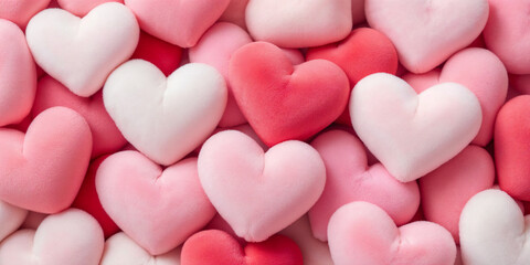 Obraz premium Featuring an array of soft, plush hearts in pink, red, and white hues, this image radiates warmth. Perfect for themes of love, romance, and celebrations