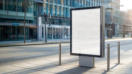 Fototapeta premium Urban Advertising Billboard Mockup on a Paved Sidewalk with Blurred City Street Background