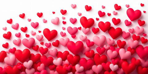 vibrant collection of red and pink hearts decorates a white background, representing love.