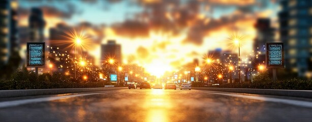 Obraz premium Smart Cities Powered by Interconnected IoT Systems, a realistic photo of a vibrant cityscape with smart traffic lights, public displays, and connected buildings illuminated by sunset