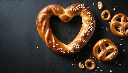 Heart-shaped pretzel and smaller pretzels on a dark surface. Perfect for Valentine's Day or a romantic treat. pretzel day