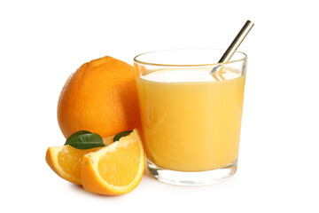 Glass of fresh orange juice and fruits on white background