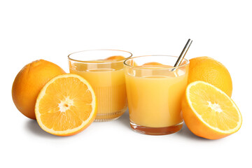 Glasses of fresh orange juice and fruits on white background