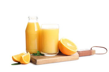 Glass and bottle of fresh orange juice with mint on white background