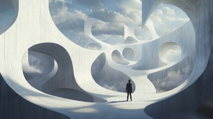 Person stands in surreal, white, cavernous structure.