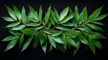 Lush Green Bamboo Leaves Arranged Symmetrically Against Black Background