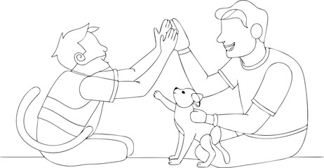 Man high-fiving with his little boy in continuous line art drawing style