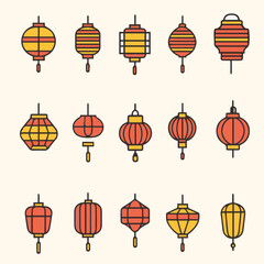 Outline Icon set of cute lantern in Lunar Chinese New Year
