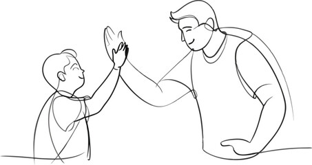 Man high-fiving with his little boy in continuous line art drawing style